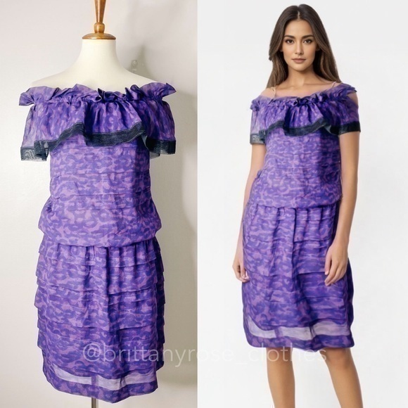 THAKOON Silk Ruffle Off-Shoulder Drop Waist Mini Dress in Purple Animal Print - Picture 1 of 7